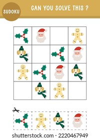 Christmas winter cute printable Sudoku, activity page, activity sheet for kids, preschool, teachers. Cute dogs, Gingerbread man, Santa, educational. Cut and glue.