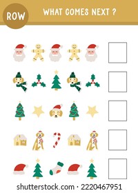Christmas winter cute printable worksheet, activity page, activity sheet for kids, preschool, teachers. Cute dogs, educational, Santa, dachshund, golden retriever, kids. Row. What comes next.