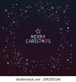 Plantilla de marco de círculo oscuro de invierno de Navidad y nieve sobre fondo oscuro. La decoración de los copos de nieve rosa y púrpura es adornada.