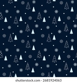 Navidades de invierno oscuro sin patrón con festivos Elementos de Nuevo Año, Vector, diseño plano. Patrón de Plantilla para la tela, papel de embalaje, cubierta, Fondo de pantalla. Árbol de Navidad, copo de nieve, estrella en un azul 