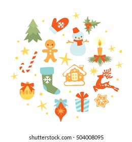 Christmas and winter decoration icons collection of traditional christmas New Year symbols and elements.