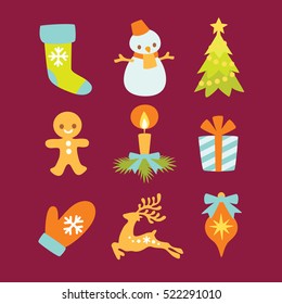 Christmas and winter decoration icons collection of traditional christmas New Year symbols and elements.