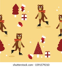  Christmas And Winter Decorative Elements seamless pattern background vector.Cute bear on ice skates