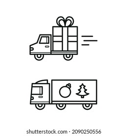 Christmas Winter Delivery Service Truck Icons, Courier Driving And Delivering Xmas Gifts, Trees And Decor, Cargo Shipment Icon Set Isolated On White Background.