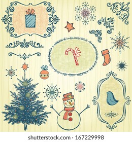 Christmas and winter design elements. Hand drawing. Doodle.  All elements are separate.