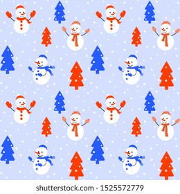 Christmas. Winter design. Seamless pattern with cartoon snowmen with snowfall on a blue background, artistic, textured. Winter illustration.