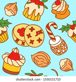 Christmas and winter desserts. Seamless pattern vector background with hand drawn illustrations cozy home things.