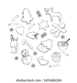 Christmas and winter different desserts set objects isolated on white. Hand drawn monochrome stock vector illustration festive elements for restaurant and cafe menu, for web