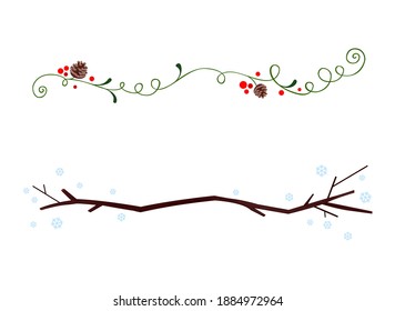 Christmas and winter dividers. Winter snowy twig branch divider and christmas plant and pine cones divider.
