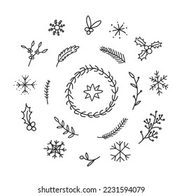 Christmas and winter doodle hand drawn plants, star, snowflakes in circle wreath decoration.