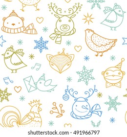 Christmas winter doodle symbols pattern. New Year and Xmas vector seamless background. Doodle ornament and animal icons set.
