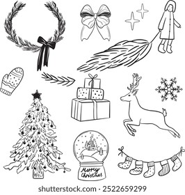 Christmas and Winter Doodles Elements. Vector elements for Christmas tree, Christmas wreath, gift, toys, girl, deer, socks. Happy new year illustration. Design for coloring, prints and postcards.