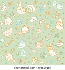 Christmas winter doodles icons pattern. New Year and Xmas vector seamless background. Doodle ornament and animal symbols, logos set.