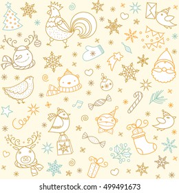 Christmas winter doodles icons pattern. New Year and Xmas vector seamless background. Doodle ornament and animal symbols, logos set.