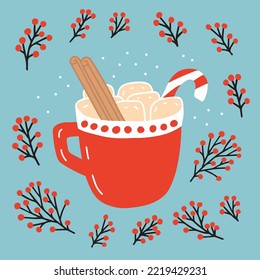 Christmas winter drink with marshmallows and candy cane. Christmas greeting card with hot chocolate and marshmallows vector illustration