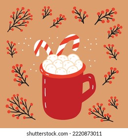 Christmas winter drink with marshmallows and candy cane. Christmas greeting card with hot chocolate and marshmallows vector illustration