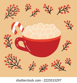 Christmas winter drink with marshmallows and candy cane. Christmas greeting card with hot chocolate and marshmallows vector illustration