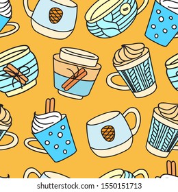 Christmas and winter drinks. Seamless pattern vector background with hand drawn illustrations cozy home things.