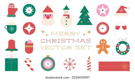 Christmas winter element set. Modern geometric holiday icons. Flat vector illustration collection. Snowman, snowflake, present, candle, hot cocoa etc.