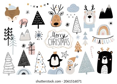 Christmas winter elements collection isolated, cute animals  seasonal design, items set for kids, textile clothes and scrapbook, doodle shape 