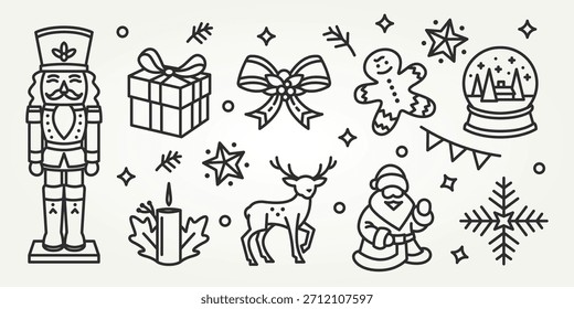 christmas and winter elements line art set icons design. christmas background of santa, deer, nutcracker, snowball design elements