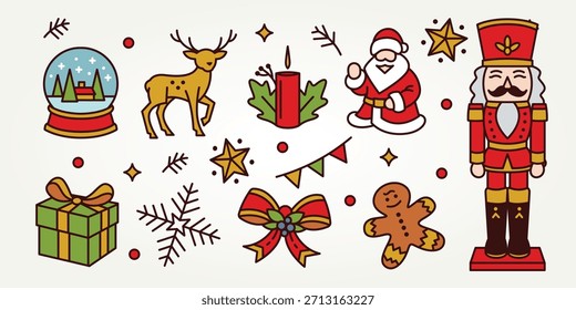 elementos de Natal e inverno definir ícones design. fundo de natal de santa, veado, quebra-nozes, elementos de design de bola de neve