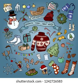 Christmas winter favourites colorful doodles. Vector illustration