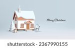 Christmas winter festive 3d composition. Ginger cookie house with Reindeer and white Christmas tree and gift bow, white render statuettes, realistic trendy postcard illustration