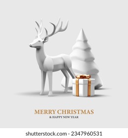 Composición 3d festiva de invierno de Navidad. Reno con árbol de Navidad y arco de regalo, estatuas de presentación blanca, ilustración de postal de moda realista