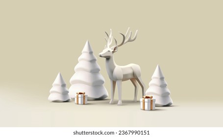 Christmas winter festive 3d composition. Reindeer with Christmas tree and gift box, white render statuettes, realistic trendy postcard illustration