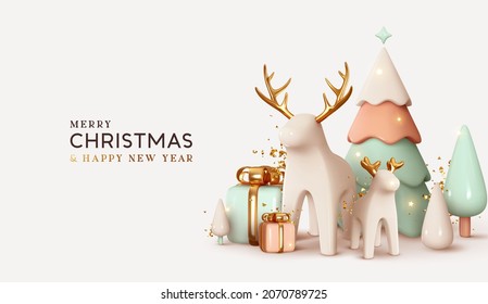 Christmas winter festive composition  Colorful Xmas background realistic 3d decorative design objects  big   small deer  gift boxes  snowy trees  gold confetti  Happy New Year  Vector illustration