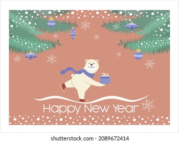 Christmas winter festive composition. Colorful Xmas background, decorative hand drawn design objects, Christmas balls, gift boxes, snowy trees, white bear skates. Happy New Year. Vector illustration