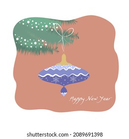 Christmas winter festive composition. Colorful Xmas background realistic hand drawn decorative design objects, Christmas balls,  snowy trees. Happy New Year. Vector illustration