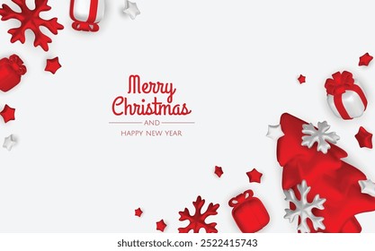 Christmas winter festive composition. Colorful Xmas background realistic 3d decorative design objects, christmas tree, gift boxes, xmas ball, gold confetti. Happy New Year. Vector illustration