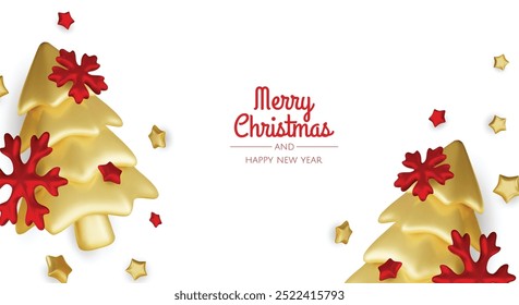 Christmas winter festive composition. Colorful Xmas background realistic 3d decorative design objects, christmas tree, gift boxes, xmas ball, gold confetti. Happy New Year. Vector illustration