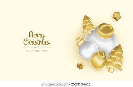 Christmas winter festive composition. Colorful Xmas background realistic 3d decorative design objects, christmas tree, gift boxes, xmas ball, gold confetti. Happy New Year. Vector illustration