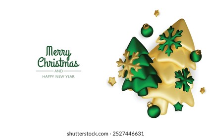 Christmas winter festive composition. Colorful Xmas background realistic 3d decorative design objects, christmas tree, gift boxes, xmas ball, gold confetti. Happy New Year. Vector illustration