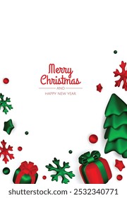 Christmas winter festive composition. Colorful Xmas background realistic 3d decorative design objects, christmas tree, gift boxes, xmas ball, gold confetti. Happy New Year. Vector illustration