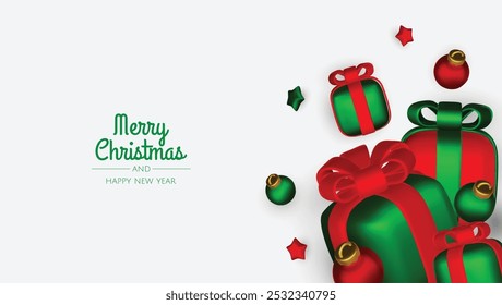 Christmas winter festive composition. Colorful Xmas background realistic 3d decorative design objects, christmas tree, gift boxes, xmas ball, gold confetti. Happy New Year. Vector illustration
