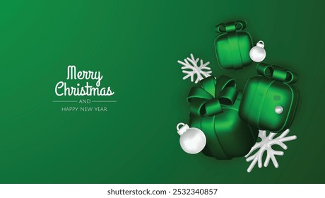 Christmas winter festive composition. Colorful Xmas background realistic 3d decorative design objects, christmas tree, gift boxes, xmas ball, gold confetti. Happy New Year. Vector illustration