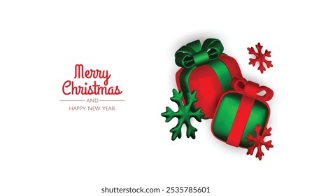 Christmas winter festive composition. Colorful Xmas background realistic 3d decorative design objects, christmas tree, gift boxes, xmas ball, gold confetti. Happy New Year. Vector illustration