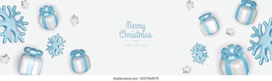 Composição festiva de Natal. Fundo colorido Xmas realista 3d objetos de design decorativos, árvore de Natal, caixas de presente, bola de xmas, confete de ouro. Feliz Ano Novo. Ilustração vetorial