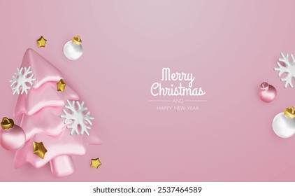 Christmas winter festive composition. Colorful Xmas background realistic 3d decorative design objects, christmas tree, gift boxes, xmas ball, gold confetti. Happy New Year. Vector illustration