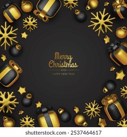 Christmas winter festive composition. Colorful Xmas background realistic 3d decorative design objects, christmas tree, gift boxes, xmas ball, gold confetti. Happy New Year. Vector illustration