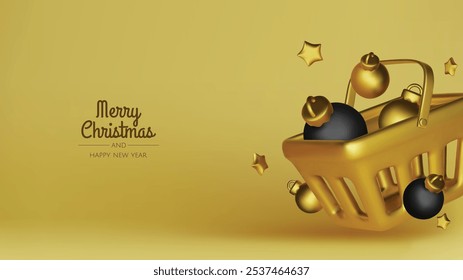 Christmas winter festive composition. Colorful Xmas background realistic 3d decorative design objects, christmas tree, gift boxes, xmas ball, gold confetti. Happy New Year. Vector illustration
