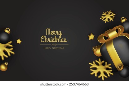 Christmas winter festive composition. Colorful Xmas background realistic 3d decorative design objects, christmas tree, gift boxes, xmas ball, gold confetti. Happy New Year. Vector illustration