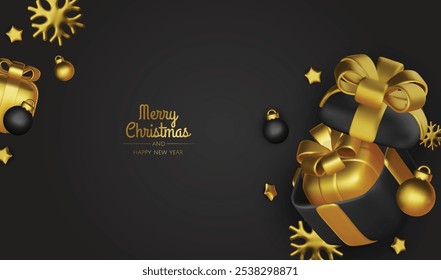 Composição festiva de Natal. Fundo colorido Xmas realista 3d objetos de design decorativos, árvore de Natal, caixas de presente, bola de xmas, confete de ouro. Feliz Ano Novo. Ilustração vetorial