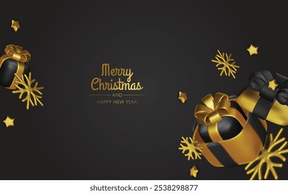 Composição festiva de Natal. Fundo colorido Xmas realista 3d objetos de design decorativos, árvore de Natal, caixas de presente, bola de xmas, confete de ouro. Feliz Ano Novo. Ilustração vetorial