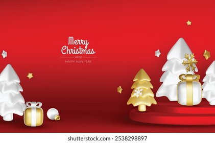 Christmas winter festive composition. Colorful Xmas background realistic 3d decorative design objects, christmas tree, gift boxes, xmas ball, gold confetti. Happy New Year. Vector illustration