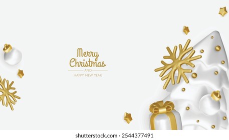 Composição festiva de Natal. Fundo colorido Xmas realista 3d objetos de design decorativos, árvore de Natal, caixas de presente, bola de xmas, confete de ouro. Feliz Ano Novo. Ilustração vetorial